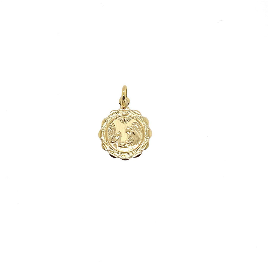 9k YG Italian Solid Round Medallion Pendant with Baptism Engraving . 13mm wide