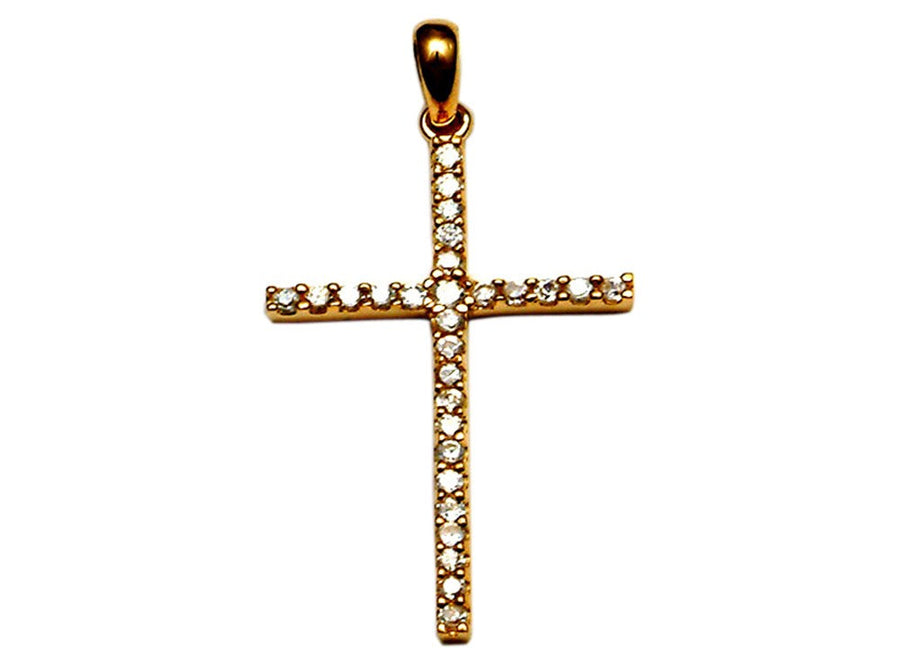 9k YG Solid CZ Cross Pendant with 28 CZs, 28mm x 16mm