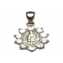 WG CZ Flower Pendant with Miraculous Madonna . 10x14mm