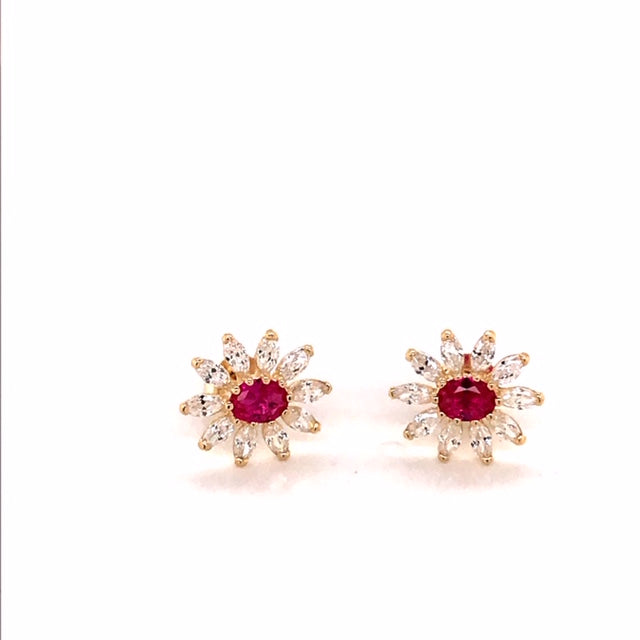 9k YG CZ & Syn Red Stud Earrings 10.6x9.4mm