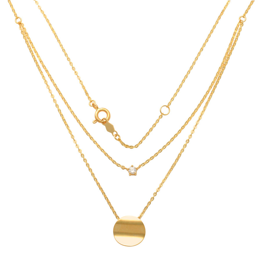 9k YG 10mm Circle & CZ Pendant with Oval Link Chain 45cm with O-Ring at 42cm