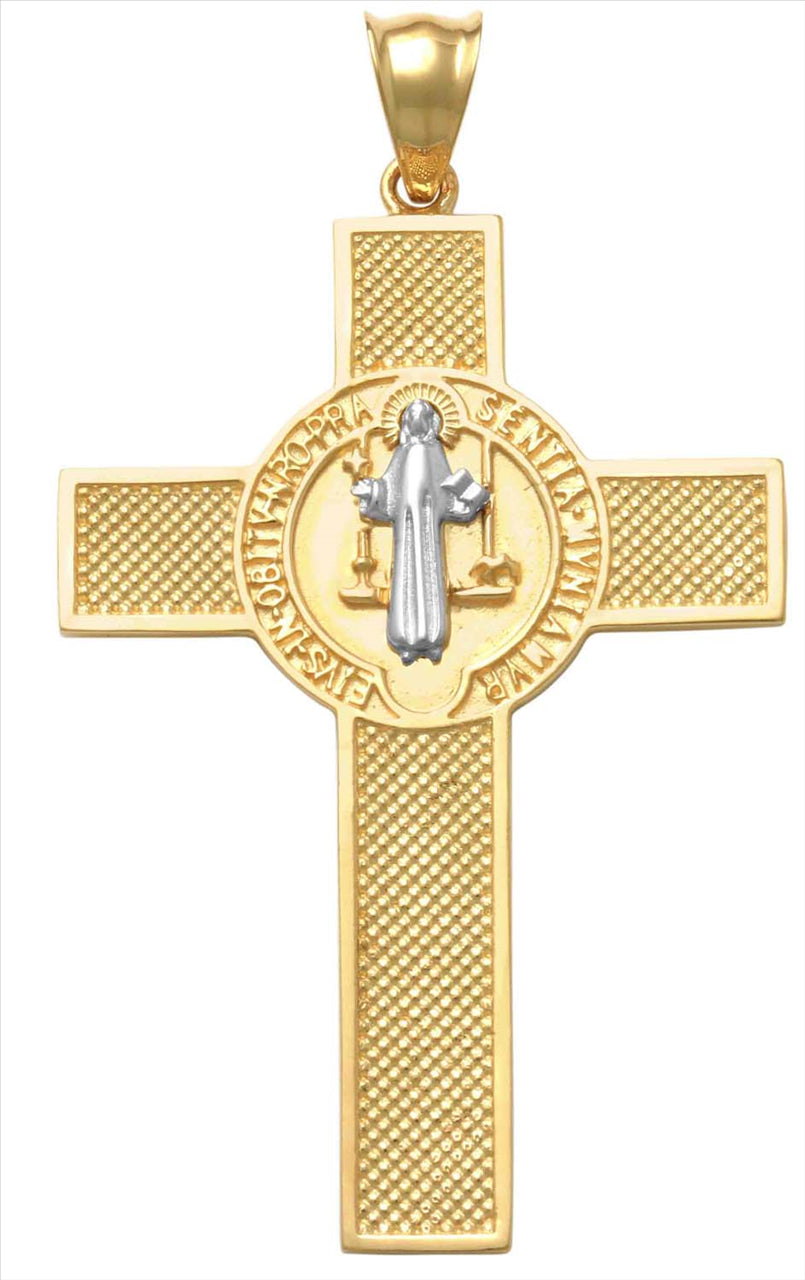 9k 2T Solid YG Cross Pendant with WG Saint 34.8mm x 23.6mm