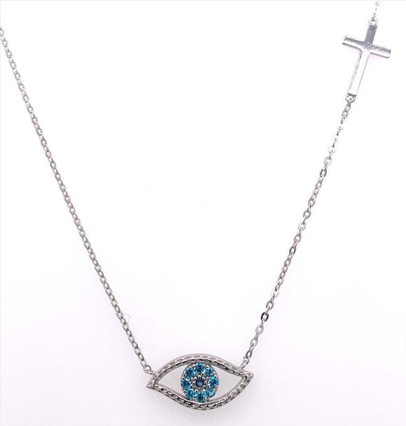 9k WG CZ Eye & Cross Necklace