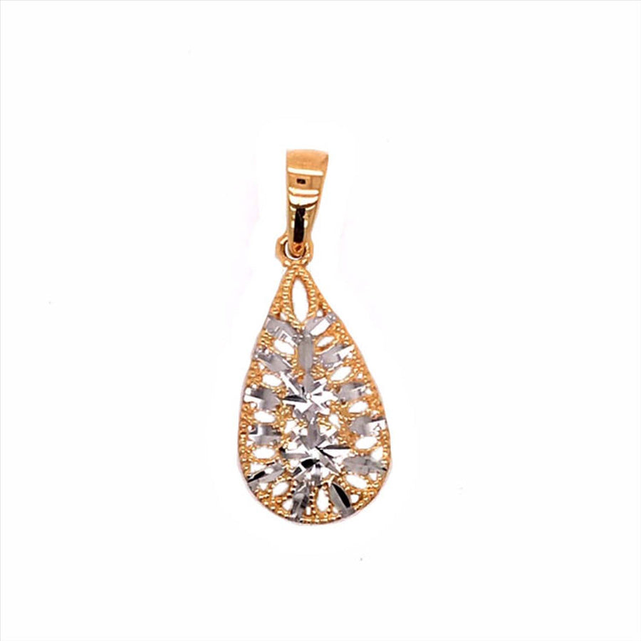 9k 2T Tear Drop Pendant with Diamond Cut Leaves 20mm x 11mm