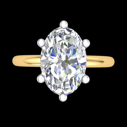 "Stephanie-Maree" 9k Yellow Gold Solitare Band with 9k White Gold Setting and CZ's on under bezel of setting. Set with a CZ to suit an Oval Diamond = 2.00ct.