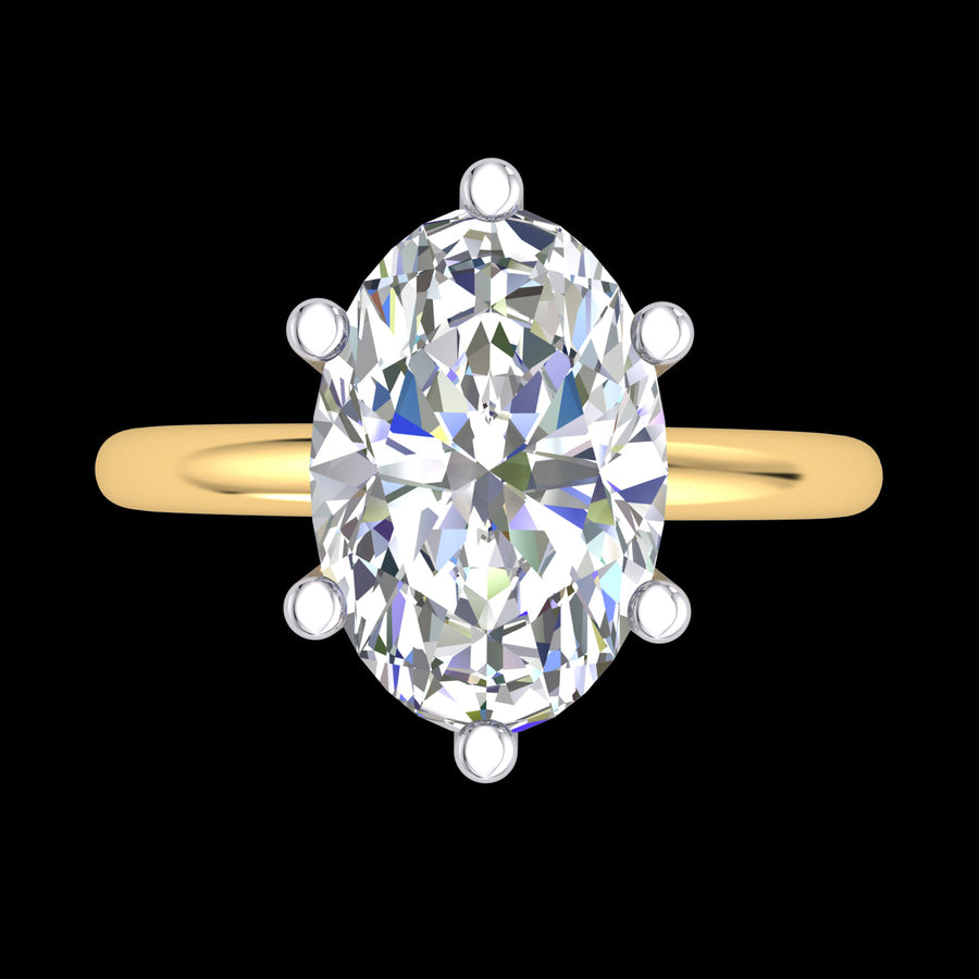 "Stephanie-Maree" 9k Yellow Gold Solitare Band with 9k White Gold Setting and CZ's on under bezel of setting. Set with a CZ to suit an Oval Diamond = 2.00ct.
