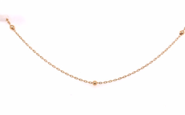 9k YG Italian Solid Oval Link with 5 x 2.5mm Ball Link Chain 1.3mm wide 45cm. O-Ring at 42cm. Approx 2.1g