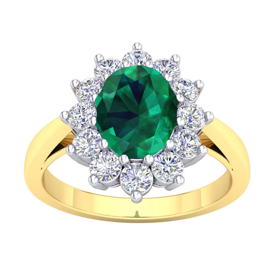9k 2T Diamond & Emerald Cluster Ring  9k YG Shank  12D = 0.55ct & Oval Natural Emerald 6x8mm = 1.20ct in a 9k WG Claw Setting  Size S.
