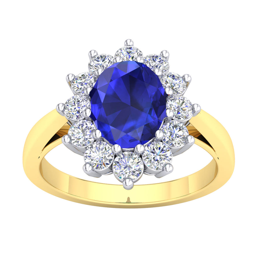 9k 2T Diamond & Sapphire Cluster Ring  9k YG Shank  12D = 0.55ct & Oval Natural Clarity Enhanced Sapphire 6x8mm = 1.50ct in a 9k WG Claw Setting  Size R.