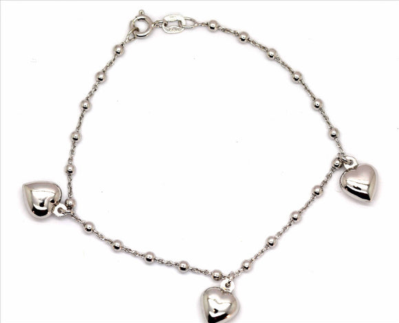 925 Italian Bead Link Bracelet with 3 Hearts