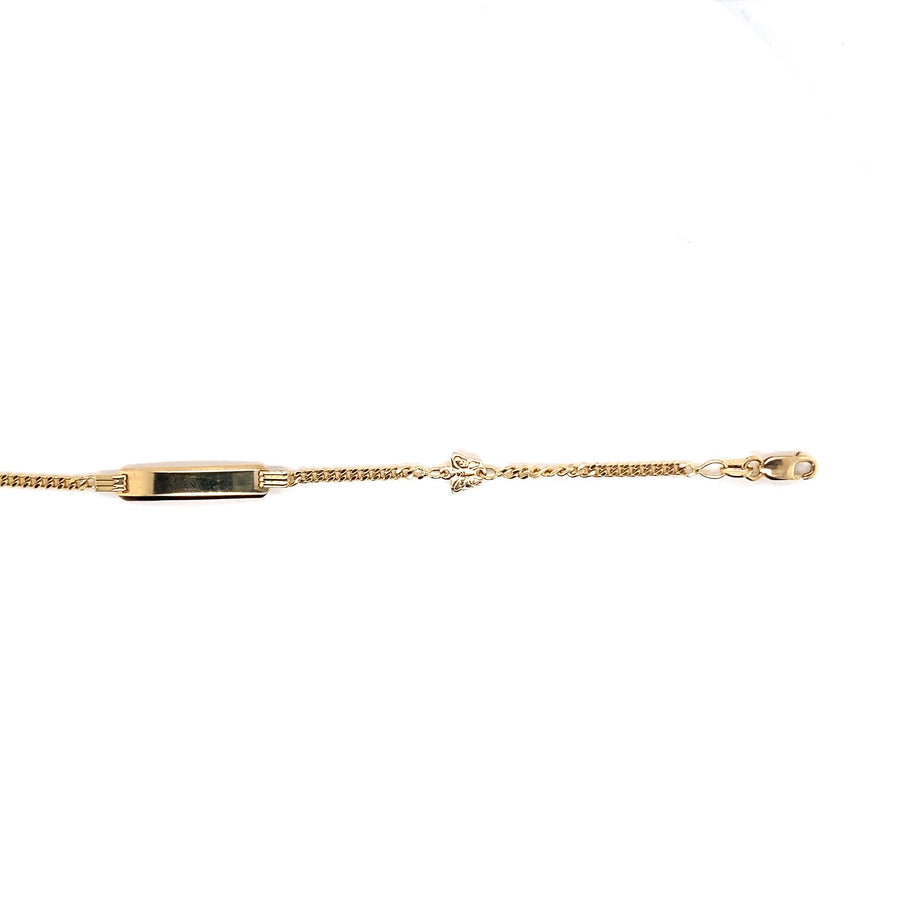 18k YG Italian Solid Curb ID Bracelet 2.0mm wide 15.5cm, with Butterfly charm O-Ring at 13.5cm. Approx 3.5g