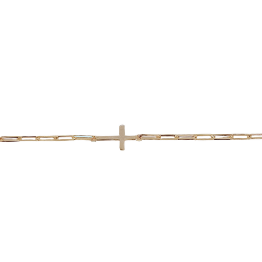 9k YG Solid Paperclip Chain 2.25 x 5.5mm wide, with Cross 10 x 7mm, 19cm, O-Ring at 17.5cm. Approx. 1.7g
