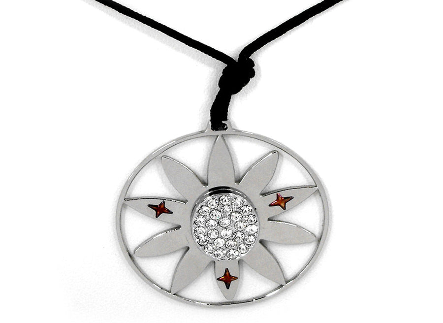 Stainless Steel Pnd Round with Flower Design including 4x 18k Stars and 1 CZ's in Centre.
