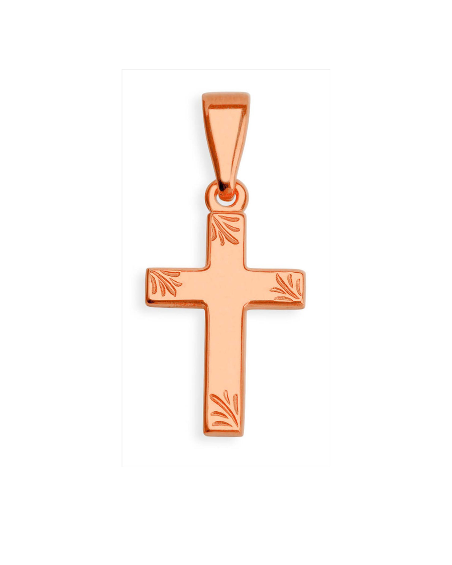 9k RG Solid Patterned Flat Cross Pendant . 15mm x 10mm
