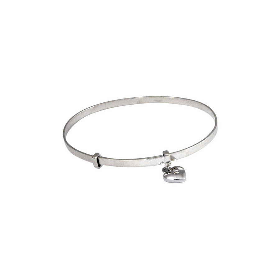 925 Adjustable Bangle  2.5mm wide  with Heart Charm & 1 Brilliant Cut Diamond =0.01ct.