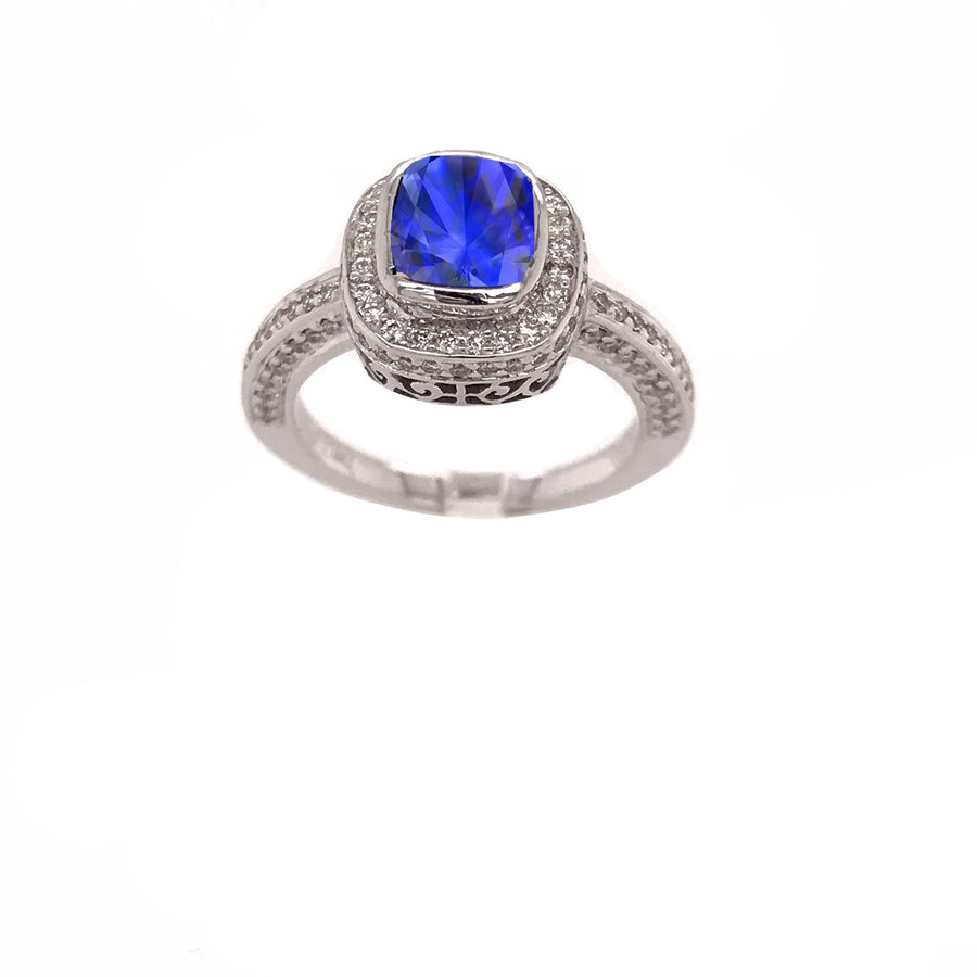 18k WG Ceylon Sapphire & Diamond Ring. 1 x Ceylon Sa=1.65ct and 50D=0.50ct.  Size K1/2