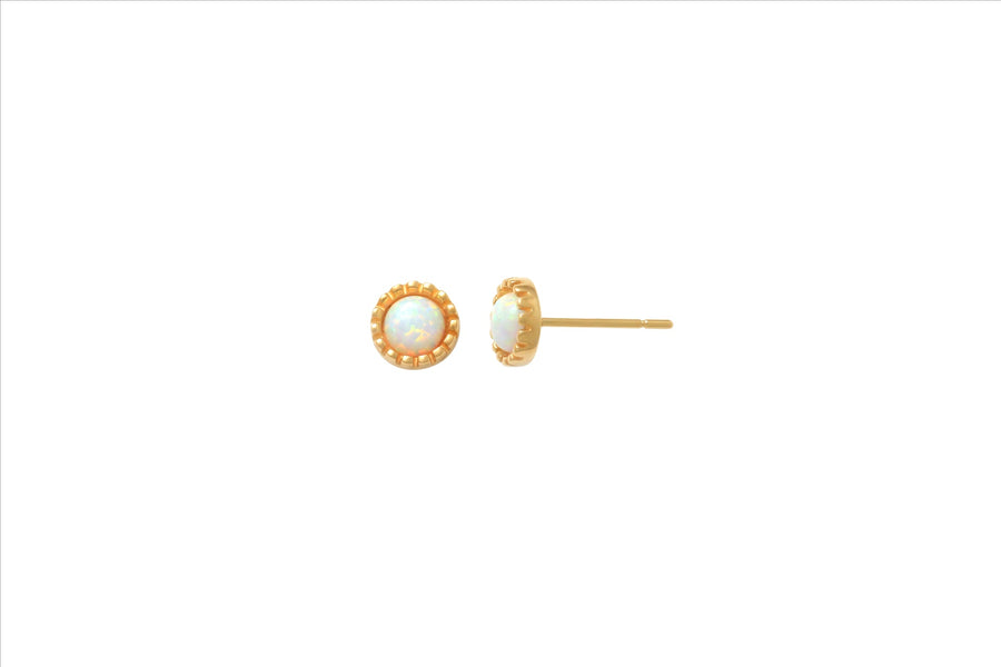 9k YG Round Stud Earrings with Bezel-Set Syn Opal 6mm wide