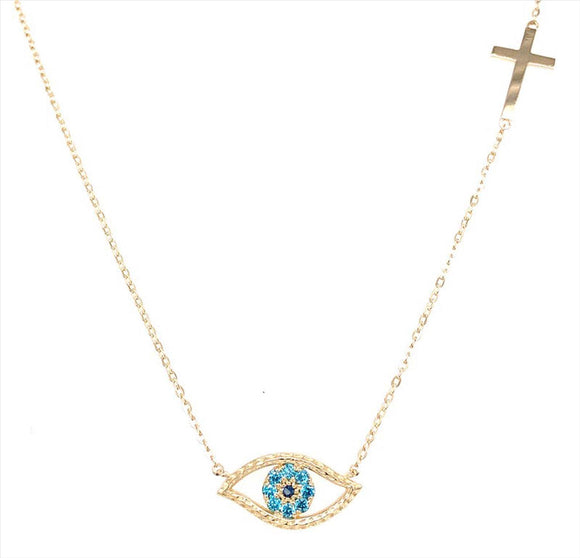 9k YG CZ Eye & Cross Necklace