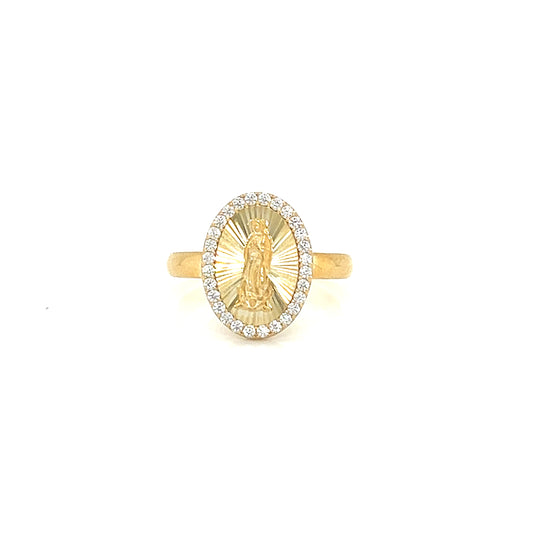 9k YG CZ Border Miraculous Madonna Ring 14.5mm x 11mm. Size M
