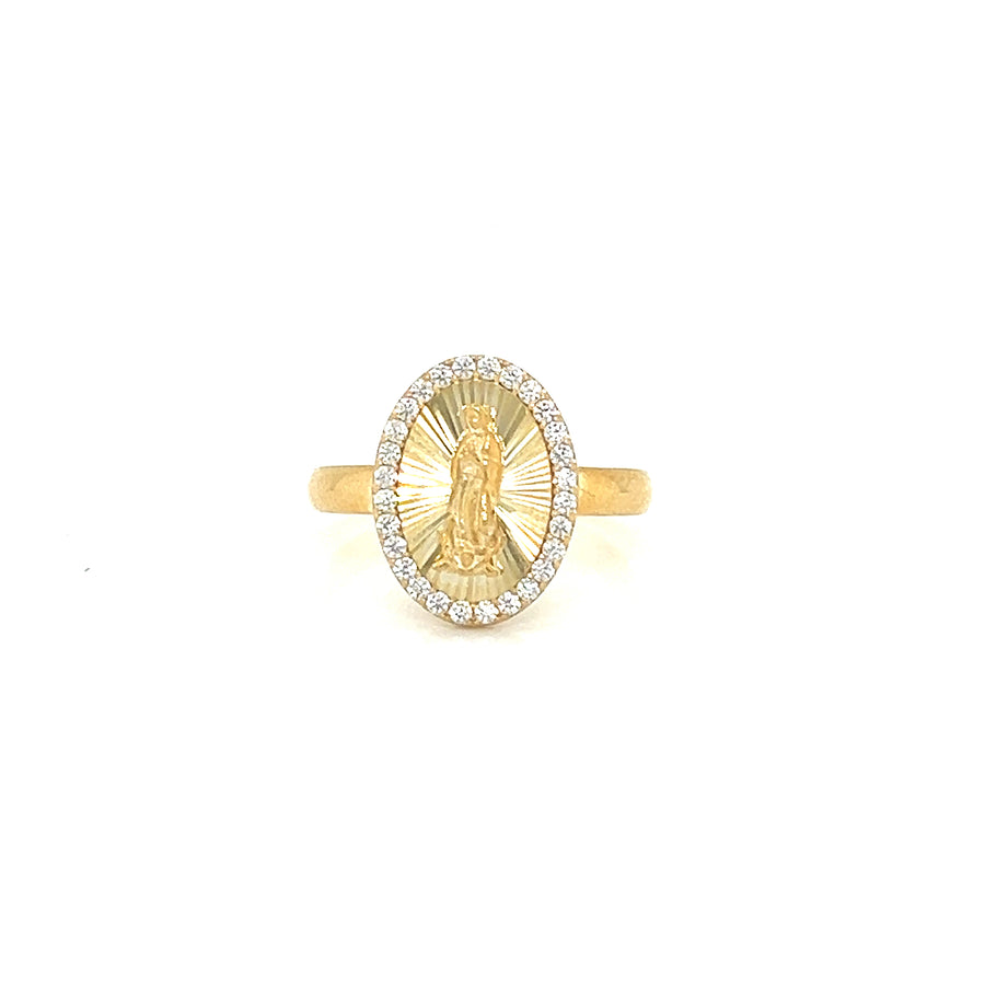 9k YG CZ Border Miraculous Madonna Ring 14.5mm x 11mm. Size M