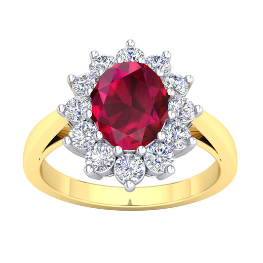 9k 2T Diamond & Natural Clarity Enhanced Ruby Cluster Ring. 12D = 0.55ct & 1R (8x6mm) = 1.50ct. Meas. 14x12mm.  Size P.