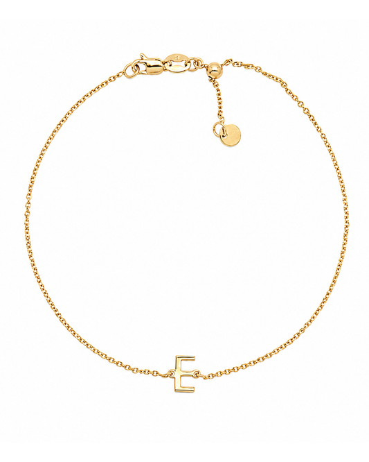 9k YG Diamond Cut Trace Chain 1.1mm Wide with Letter E (6.5x3.5mm) 45cm with Adjustable Finding