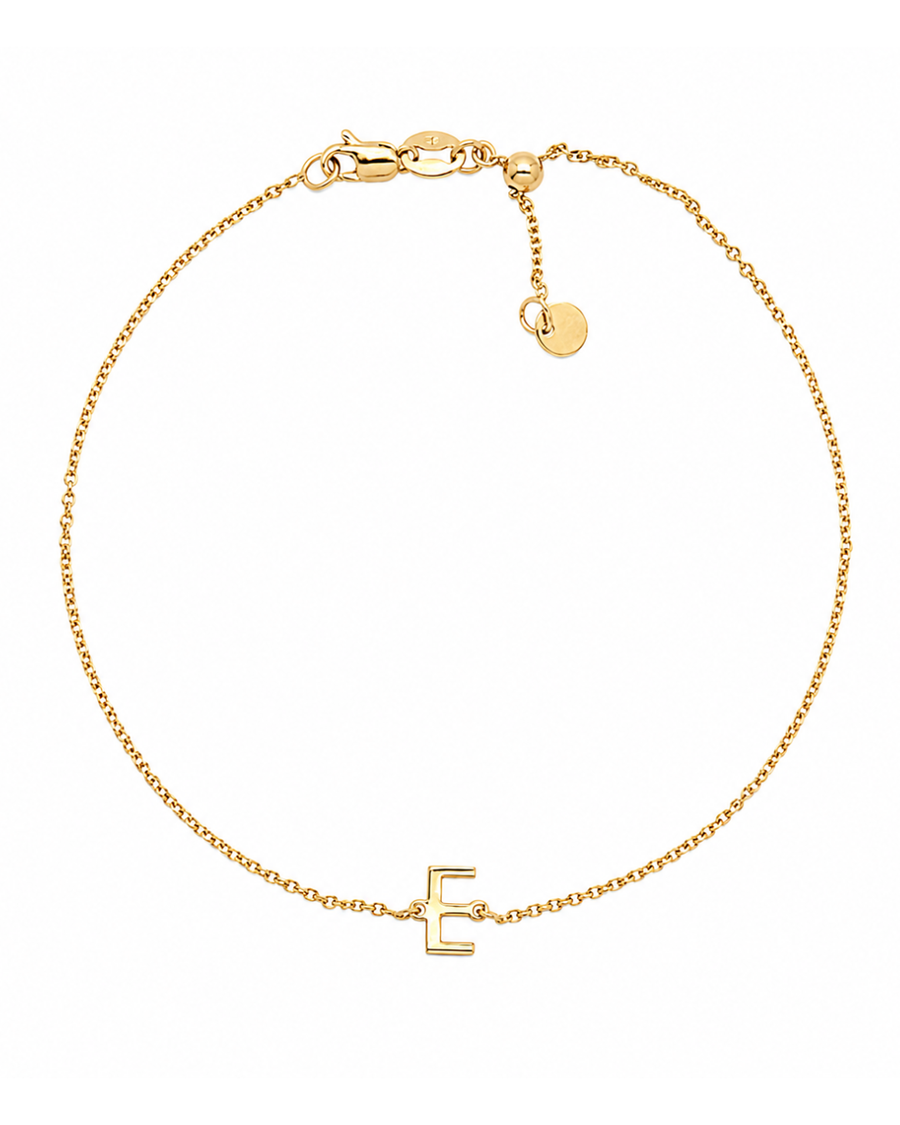 9k YG Diamond Cut Trace Chain 1.1mm Wide with Letter E (6.5x3.5mm) 45cm with Adjustable Finding