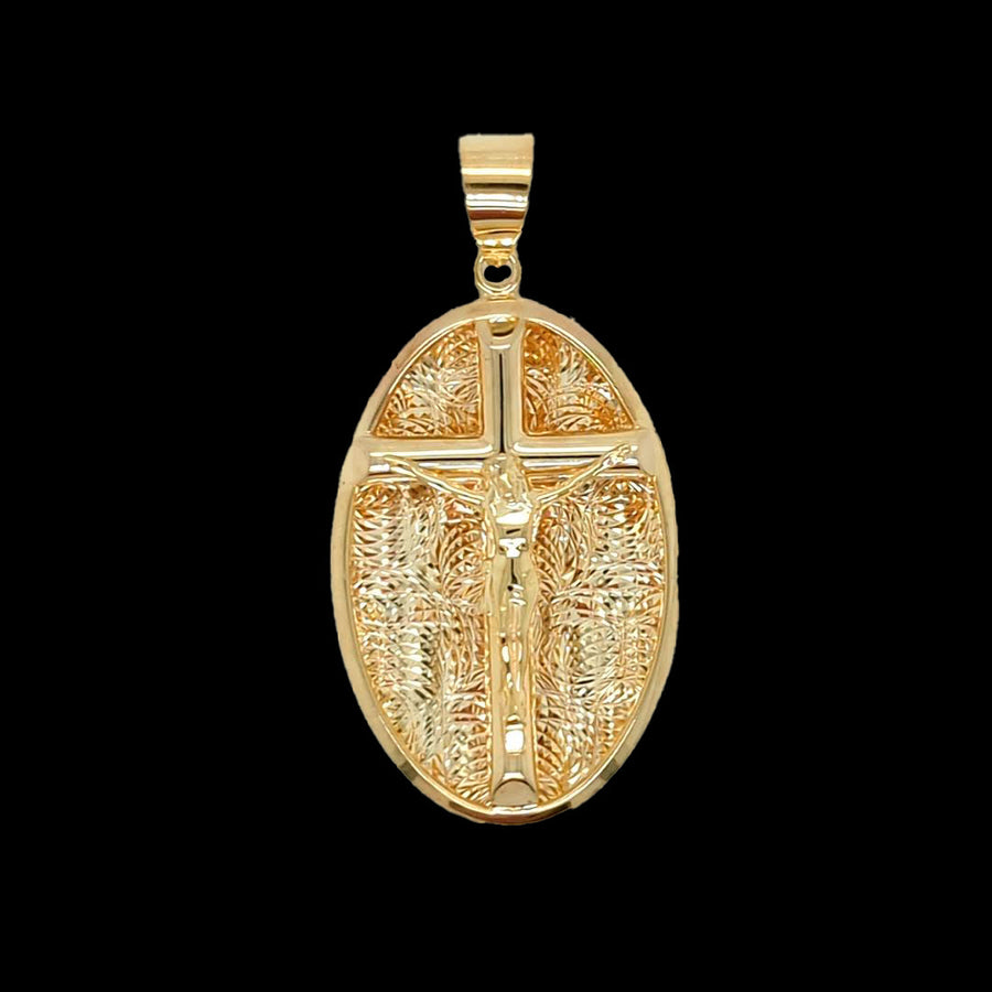 9k YG Oval Crucifixion Medallion 30x20mm