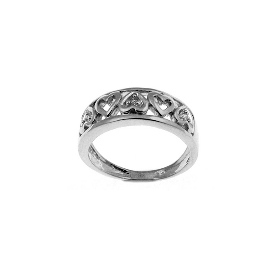 9k WG Diamond Ring  5 Hearts 3D=0.03ct  Size M.
