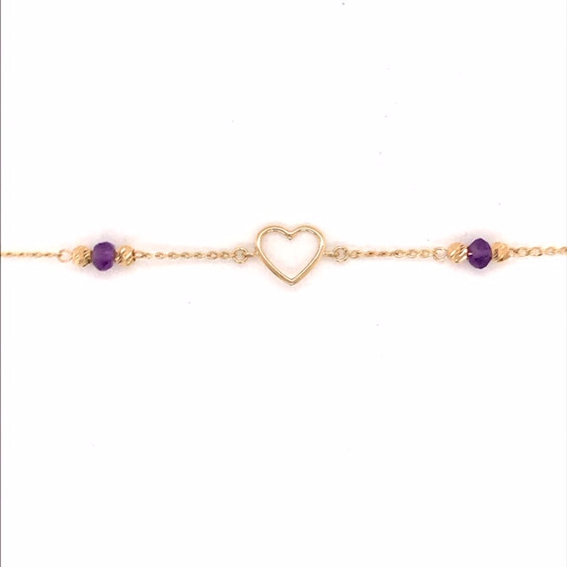 9k YG Oval Link Bracelet 1.3mm Wide 19cm O-Ring at 17cm & 18cm . With Heart & 5x3.5mm faceted Amethyst