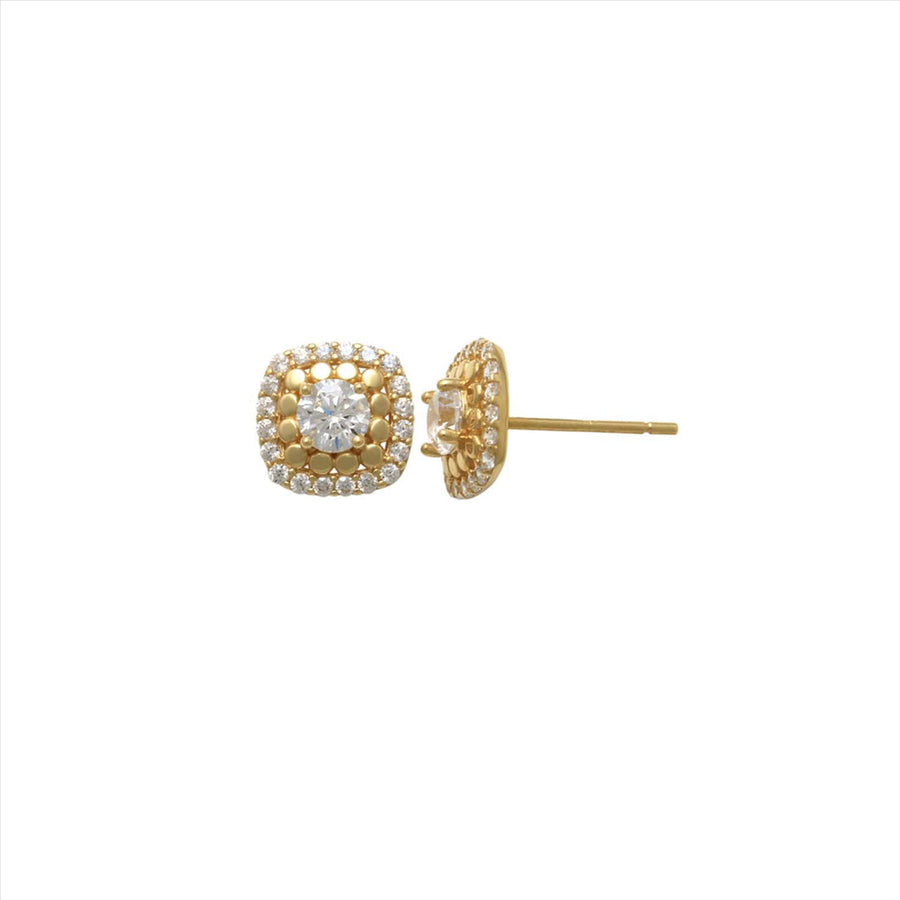 9k YG CZ Cushion Shape Cluster Stud Earrings 7.8mm