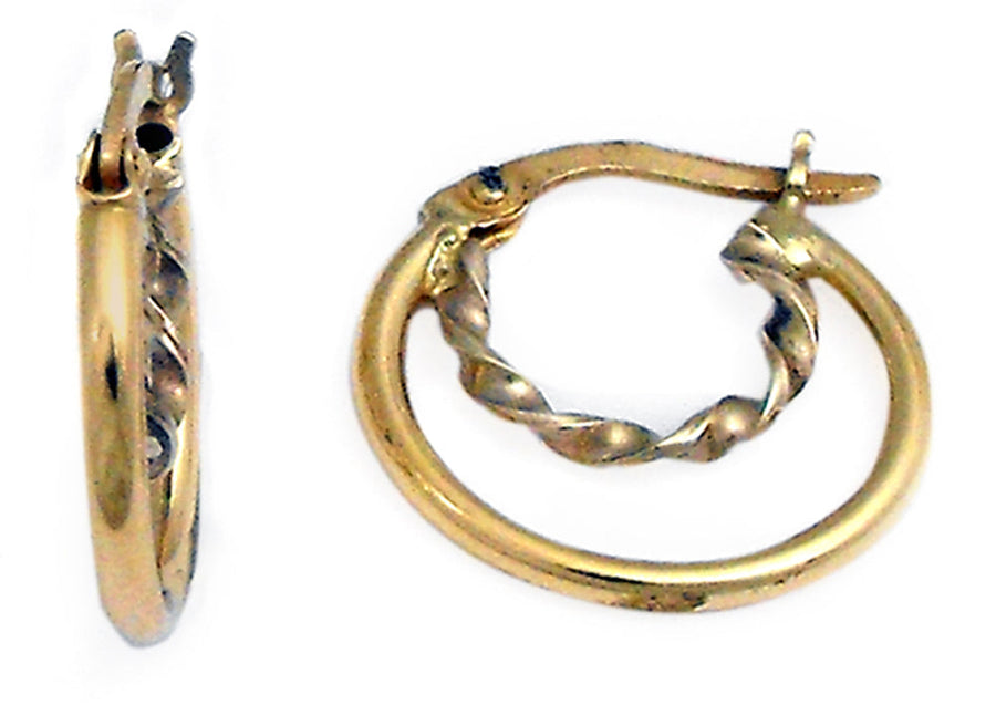 18k YG Double Hoop with Inside Hoop Twist and Outside Hoop Plain.