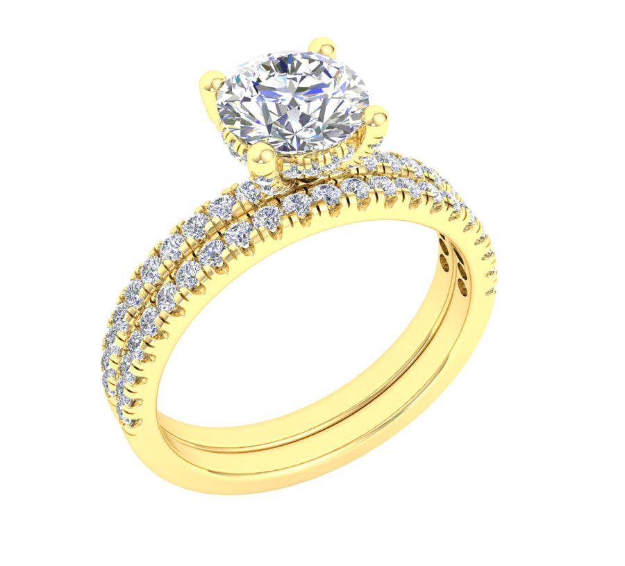 "Amanda" 9k RG 6.5mm (1ct) CZ Solitare Ring with CZs set under bezel and on band. Includes matching wedding band. Size L