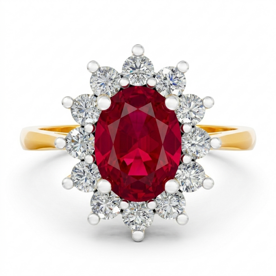 9k YG Lab Ruby and Lab Diamond Princess Diana Ring 12D=0.42ct 1RU=1.52ct Size P