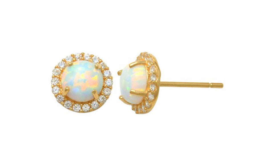 9k YG CZ & Round Syn Opal Stud Earrings 7.5mm