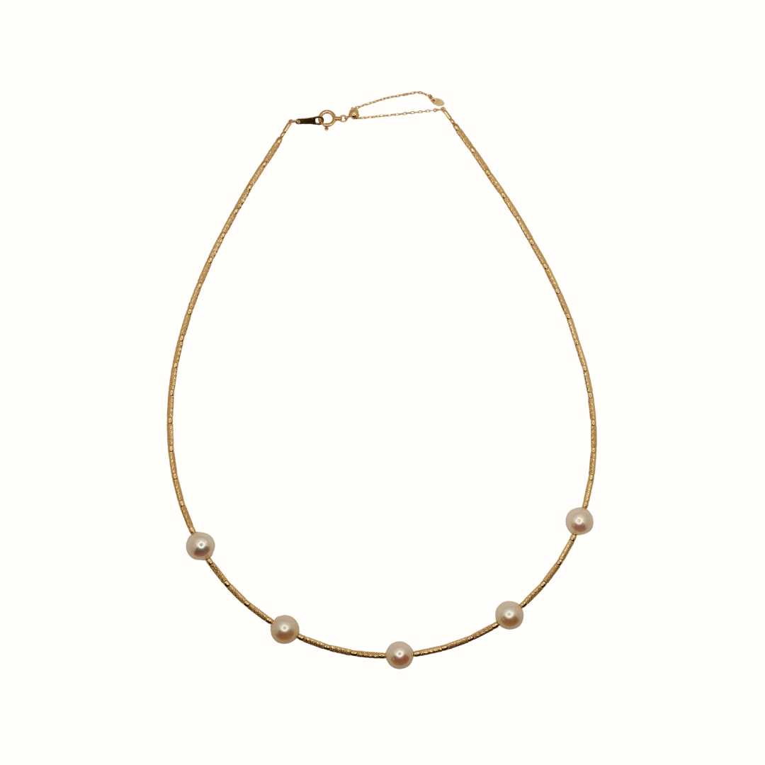 18k YG Akoya Pearl Round Omega Chain 45cm (40+5cm adjustable links) 1.8mm wide  with 5x 8mm Akoya Pearls