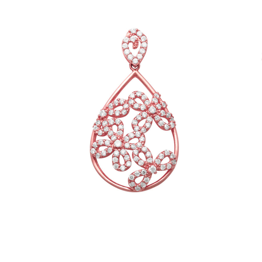 18k RG Tear Drop Pendant Flower design in centre set with CZ's 21mm x 15mm