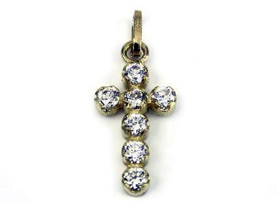 18k YG CZ Cross. 6 Clear Stones, 1 Coloured Royal Blue in Centre.