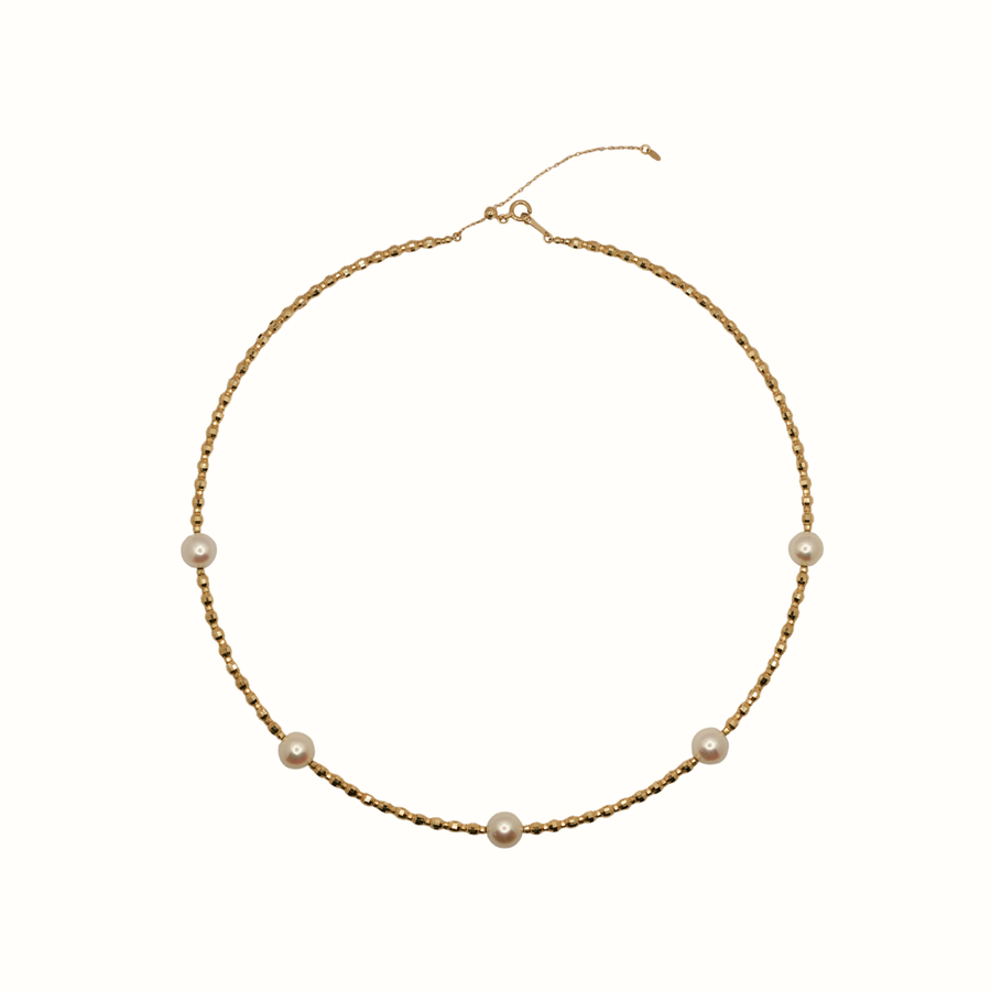 18k YG Akoya Pearl Round Fancy Beaded Omega Chain 45cm (40+5cm adjustable links) 2.5mm wide with 5x 8mm Akoya Pearls