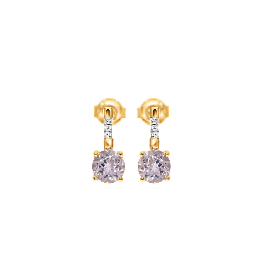9k YG Diamond and Morganite Drop Studs with Butterfly Findings, 6D = 0.04ct, 2 x 6mm MRG = 1.28ct.