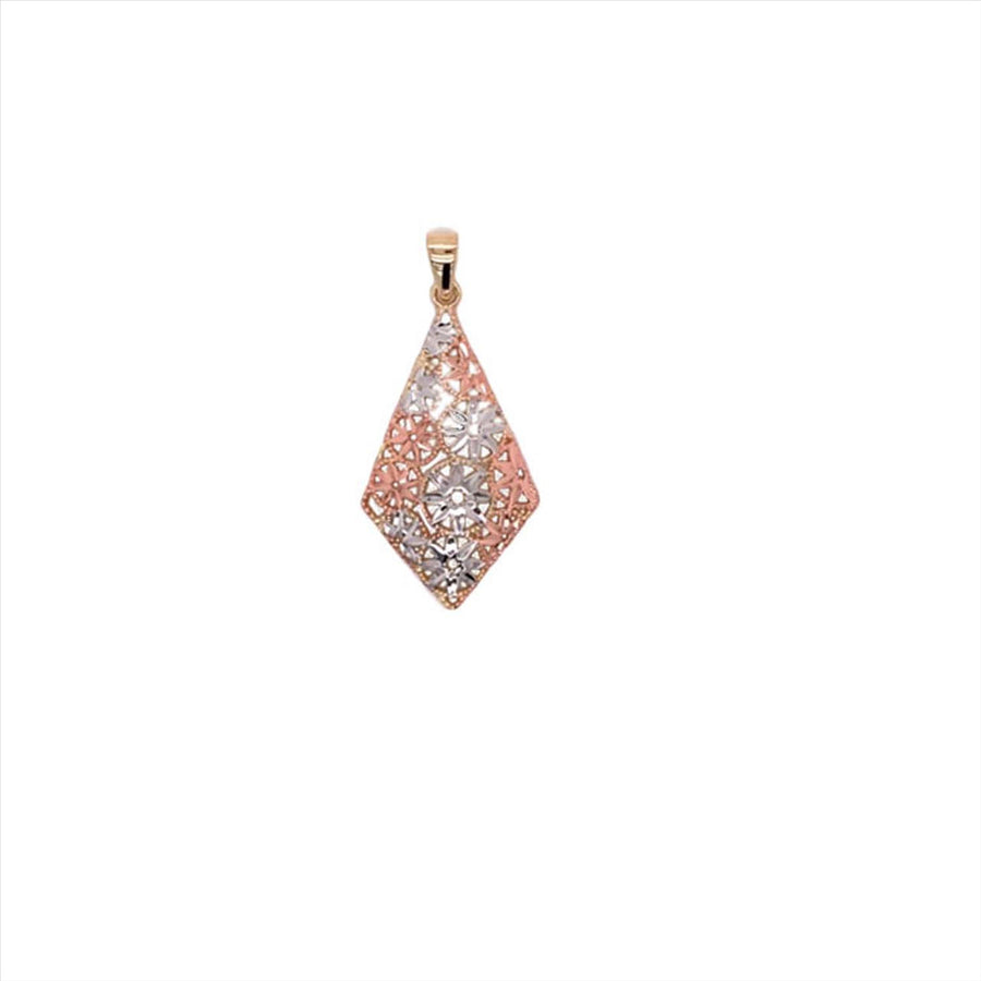 9k 3T Diamond Shape Pendant with Diamond Cut Flowers 22mm x 14mm