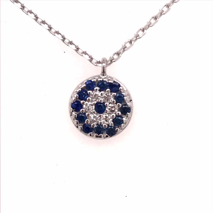 9k WG Diamond & Sapphire Circle eye Pendant with Oval Link Chain 45cm with O-Ring at 42cm & 43cnm 6D=0.06ct & 13Sapp=0.18ct Claw Set . Meas. 7.6mm