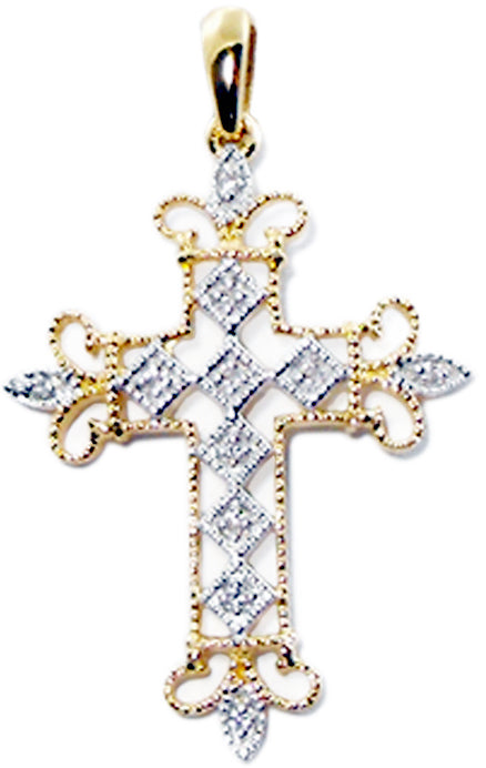 9k YG Diamond Cross Pendant 11D=0.05ct Grain Set . Meas. 27mm x20mm