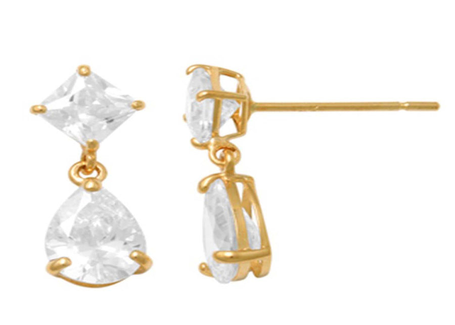 9k YG CZ Drop Stud Earrings 14mmx5mm