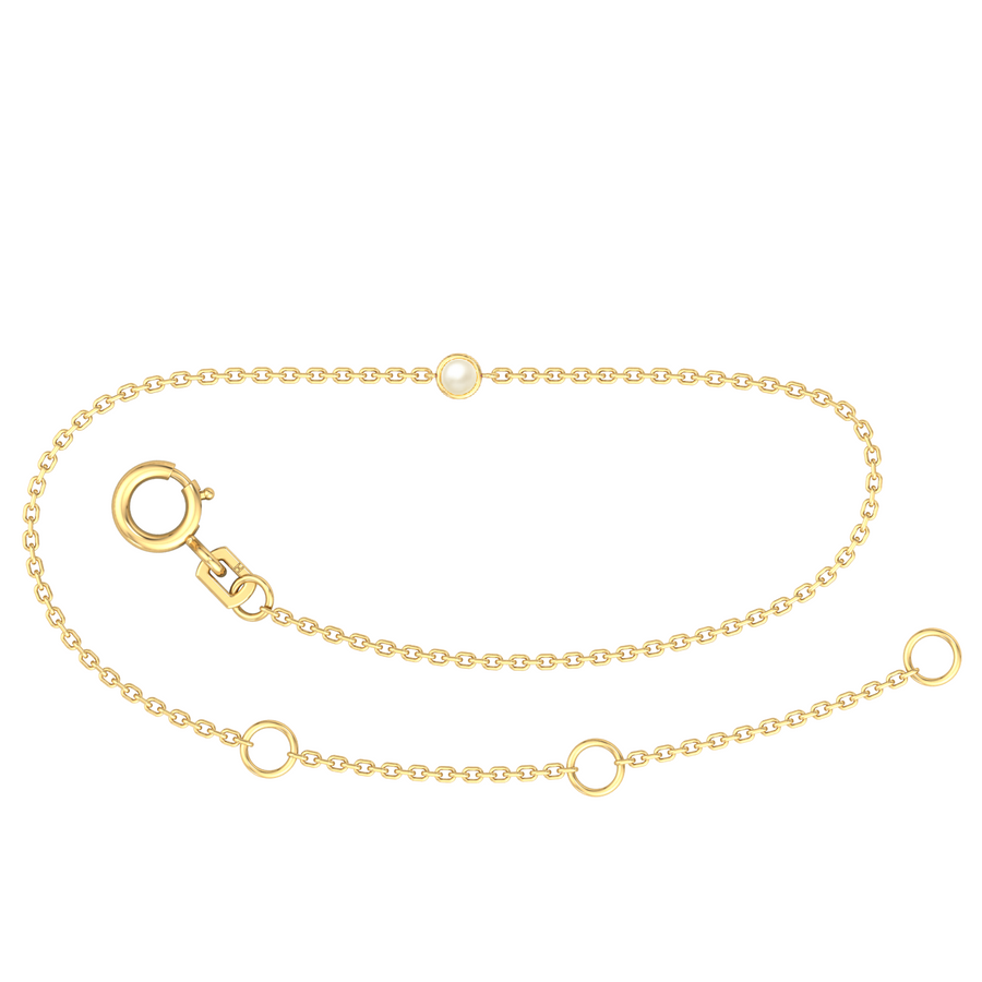 9k YG Oval Link June Pearl Bracelet 1.4mm Wide 19.5cm . Bezel Set with 1x2.3mm Fresh Water Pearl, O-Rings at 16.5 & 18cm