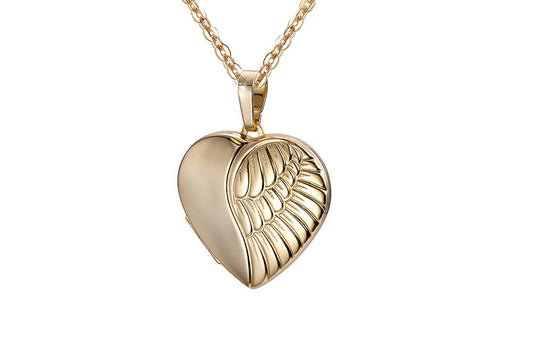 9k YG German Polished Heart Locket with matte angel wing 20mm
