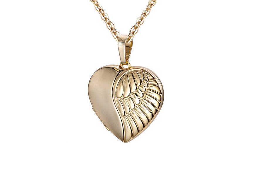 9k YG German Polished Heart Locket with matte angel wing 20mm