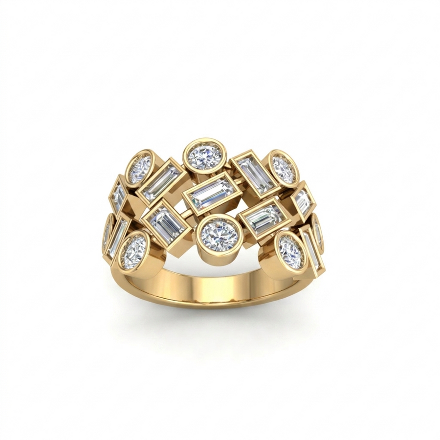 18k YG Bezel-Set Baguette and Brilliant Diamond Dress Ring. 17D=2.32ct. Size K