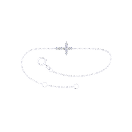 9k WG Oval link Bracelet, 1.4mm wide, with Diamond Cross (11.8x8.8mm). 19cm with Jump ring at 17cm. 11D=0.15ct