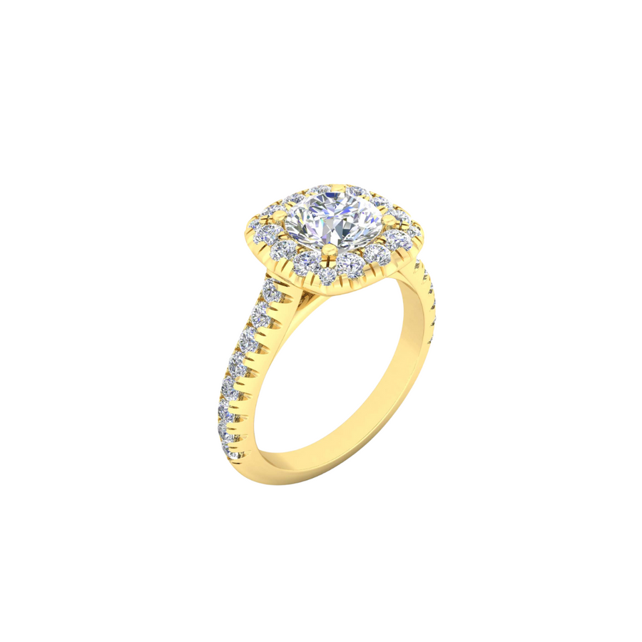 "Charlotte" 9k YG 6mm (0.9ct) CZ Cushion Shape Halo Ring with CZs on band. Size L